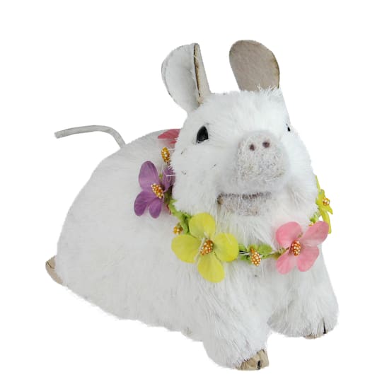 6" White Sisal Piglet with Floral Lei Easter Figure
